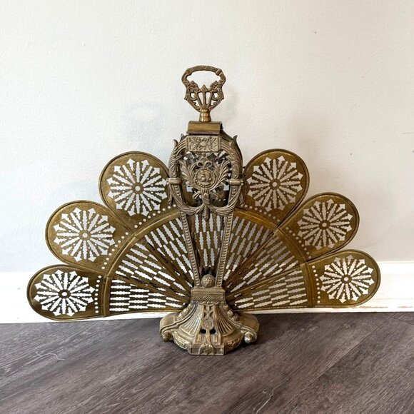 Vintage Brass Peacock Fireplace Screen Folding Fan Cameo Design Small Victorian - Picture 2 of 9